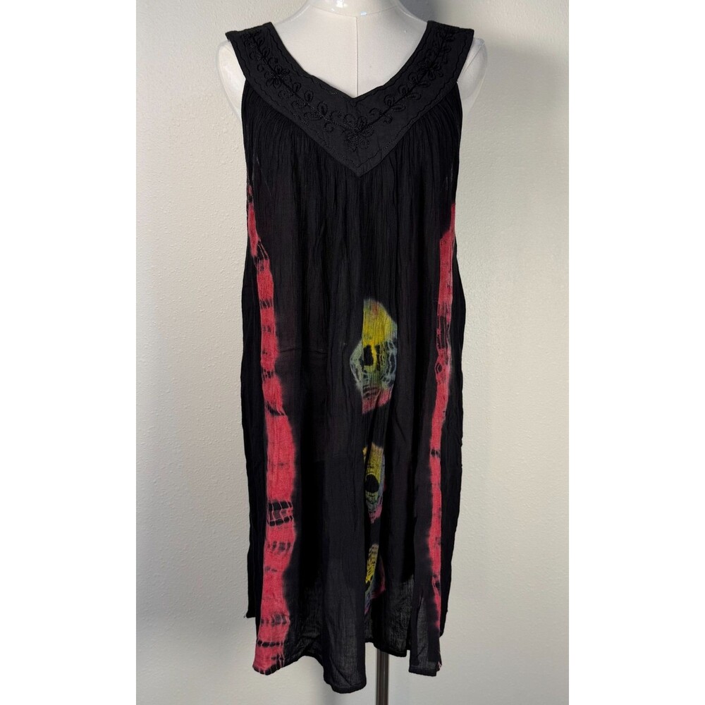 Belma New York Boho Crinkle Viscose Sleeveless Dress Embroidered Neck Free Size